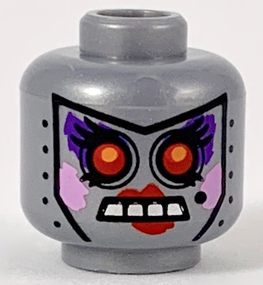 Minifigure, Head Alien Female Robot with Black Rivets and Beauty Mark, Red Eyes and Lips, Open Mouth with Silver Teeth, Dark Purple Eye Shadow, and Bright Pink Cheeks Pattern