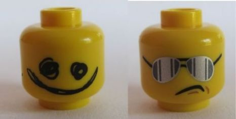 Minifigure, Head Dual Sided Silver Sunglasses with Vertical Lines / Scribble-Face Smile Pattern