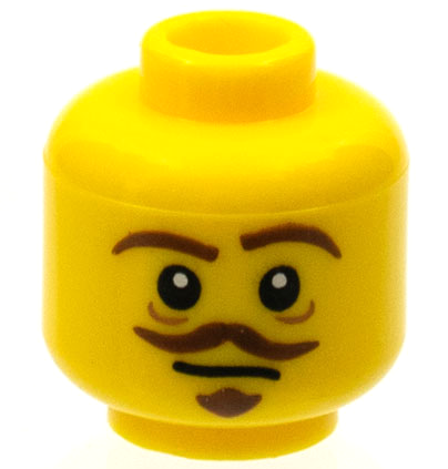 Minifigure, Head Reddish Brown Eyebrows, Curled Moustache and Soul Patch, Medium Nougat Creases Under Eyes, Lopsided Neutral Pattern