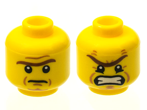 Minifigure, Head Dual Sided Brown Unibrow, Cheek Lines, Mouth Closed / Mouth Open Angry Pattern
