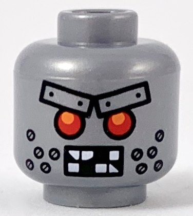 Minifigure, Head Alien Robot with Red Eyes, Metal Eyebrows with Rivets, Broken Teeth and Stubble Bolts Pattern