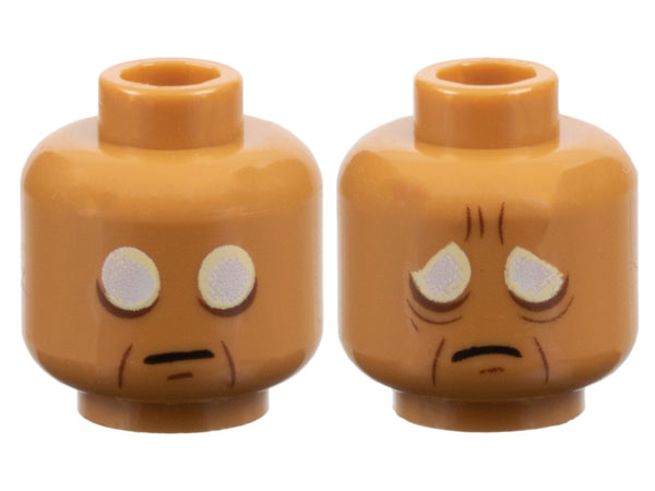 Minifigure, Head Dual Sided Large White Eyes with Bright Light Yellow Edges, Reddish Brown Eye Bags and Wrinkles, Neutral / Sad with Furrowed Brow Pattern
