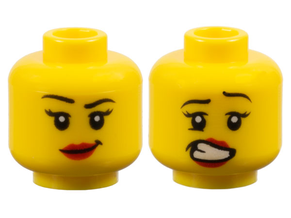 Minifigure, Head Dual Sided Female Black Eyebrows, Eyelashes, Red Lips, Lopsided Grin  / Scared Open Mouth with Teeth Pattern