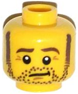 Minifigure, Head Dark Brown Eyebrows, Sideburns and Beard Stubble, Medium Nougat Chin Dimple and Eye Wrinkles, Slight Smirk Pattern
