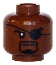 Minifigure, Head Black Eyebrows, Eye Patch, Moustache and Goatee, Dark Brown Cheek Lines, Stern Pattern