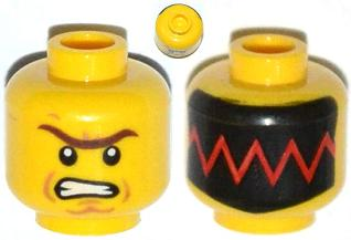 Minifigure, Head Dual Sided Reddish Brown Unibrow, Cheek Lines, Angry / Red Zigzag Line on Black Background Pattern