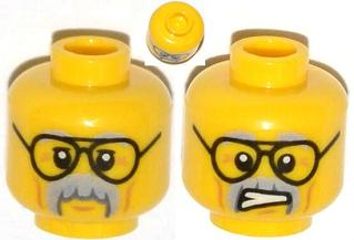 Minifigure, Head Dual Sided Black Glasses, Gray Moustache and Eyebrows, Cheek Lines, Mouth Closed / Clenched Teeth Pattern