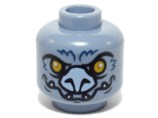 Minifigure, Head Alien Chima Bat with Bright Light Orange Eyes, Bright Light Blue Nose, Dark Blue Fur Lines, and White Lower Fangs Pattern