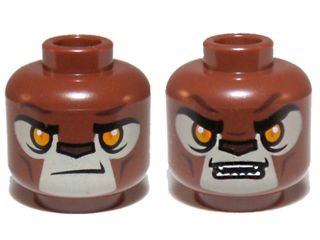 Minifigure, Head Dual Sided Alien Chima Lion with Orange Eyes, Tan Face and Brown Nose, Closed Mouth / Open Mouth Pattern (Lavertus)