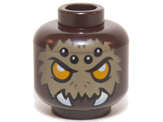 Minifigure, Head Alien Chima Spider with Bright Light Orange Eyes, Dark Tan Fur, Black and White Spots on Forehead, and White Fangs Pattern