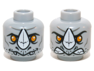 Minifigure, Head Dual Sided Alien Chima Rhinoceros with Orange Eyes and White Horn, Neutral / Angry Pattern (Rogon)