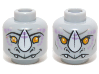 Minifigure, Head Dual Sided Alien Chima Rhinoceros with Orange Eyes, Purple Markings and White Horn, Neutral / Happy Pattern (Rinona)
