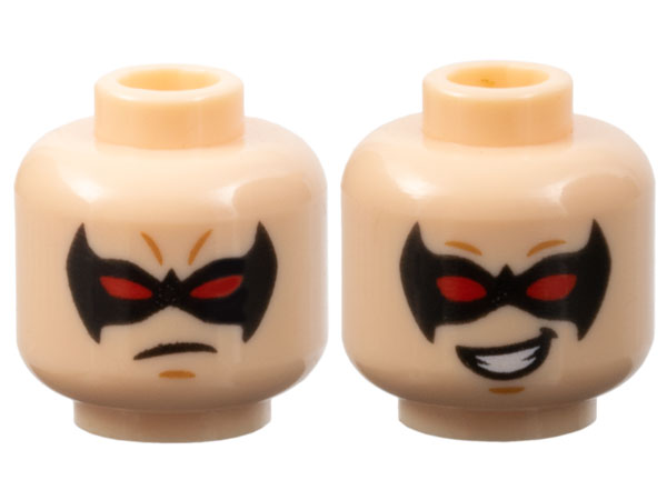 Minifigure, Head Dual Sided Male Black Eye Mask Pointed with Red Eyes, Medium Nougat Chin Dimple, Determined / Lopsided Open Mouth Smile with Teeth Pattern