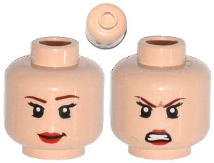 Minifigure, Head Dual Sided Female Brown Eyebrows, Eyelashes, Red Lips, Smile / Angry Pattern (Batgirl)