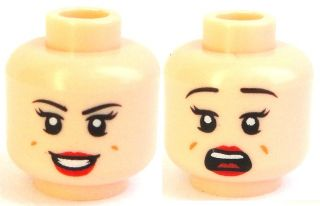 Minifigure, Head Dual Sided Female Black Eyebrows, Eyelashes, Red Lips, Dimples, Smile / Scared Pattern (Mary Jane 5)