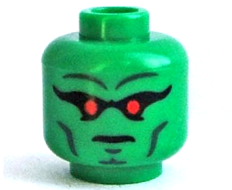 Minifigure, Head Alien with Red Eyes, Black Eye Shadow, Dark Bluish Gray Eyebrows, Cheek Lines, and Chin Dimple, Stern Pattern