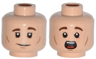 Minifigure, Head Dual Sided Brown Eyebrows, White Pupils and Chin and Cheek Dimples, Slight Smile / Scared Pattern