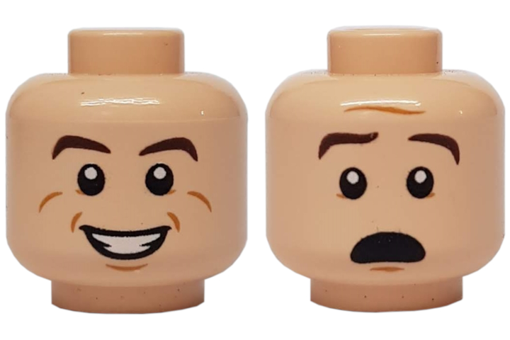 Minifigure, Head Dual Sided Brown Eyebrows, White Pupils, Smile with Teeth / Scared Pattern (Ray Stantz)