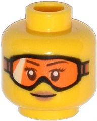 Minifigure, Head Female Glasses with Orange Goggles, Medium Nougat Lips, Small Smile Pattern