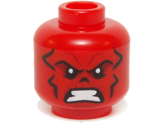 Minifigure, Head Alien with Black and Dark Red Contour Lines, Nose Hole / Nasal Cavity, and White Bared Teeth Pattern