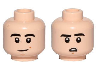 Minifigure, Head Dual Sided Black Eyebrows, Slight Crooked Smile / Downturned Mouth with Teeth Pattern