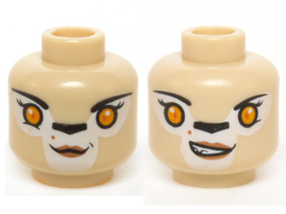 Minifigure, Head Dual Sided Alien Chima Lion Female Bright Light Orange Eyes, Black Nose, Neutral / Crooked Smile Pattern (Li'Ella)