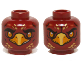 Minifigure, Head Dual Sided Alien Chima Phoenix with Bright Light Orange Eyes and Beak, Gold Feathers, Neutral / Stern Pattern (Fluminox)