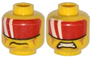 Minifigure, Head Dual Sided Red Visor with 2 White Bands, Cheek Lines, Mouth Closed / Clenched Teeth Pattern