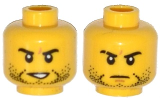 Minifigure, Head Dual Sided Beard Stubble, Black Eyebrows, Determined, Open Mouth / Mouth Closed, Scar on Right Eyebrow Pattern