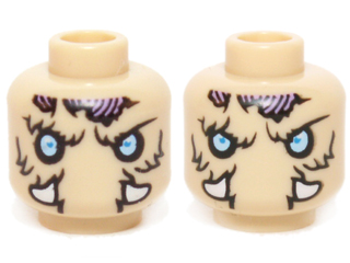 Minifigure, Head Dual Sided Alien Chima Mammoth Bright Light Blue Eyes, Medium Lavender Patches, Tusks, Neutral / Stern Pattern (Mottrot)