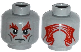 Minifigure, Head Alien Black Eyebrows, Dark Bluish Gray Cheek Lines, Red Skin Texture / Tattoos on Front and Back Pattern