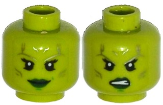 Minifigure, Head Dual Sided Alien Female Silver Tattoos, Eyelashes, Green Lips, Smile / Angry Pattern