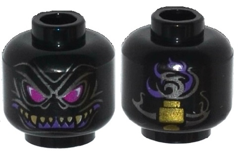 Minifigure, Head Alien with Magenta Eyes, Dark Purple Grin with Sharp Teeth, and Gold Vertebra on Back Pattern