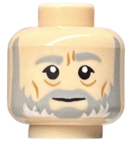Minifigure, Head Light Bluish Gray and White Beard and Eyebrows, Furrowed Brow, Medium Nougat Cheek Lines, Neutral Pattern