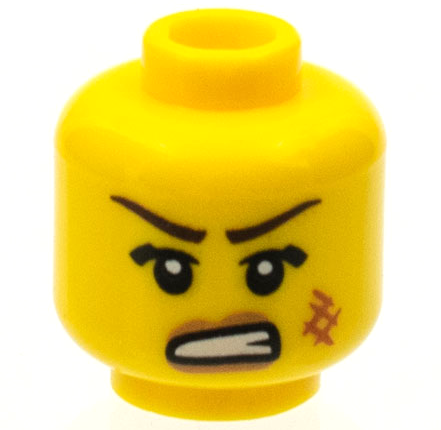 Minifigure, Head Female Dark Brown Long Thin Eyebrows, Black Thick Single Eyelashes, Dark Tan Lips, Dark Orange Scuff Mark, Angry Lopsided Open Mouth with Teeth Pattern