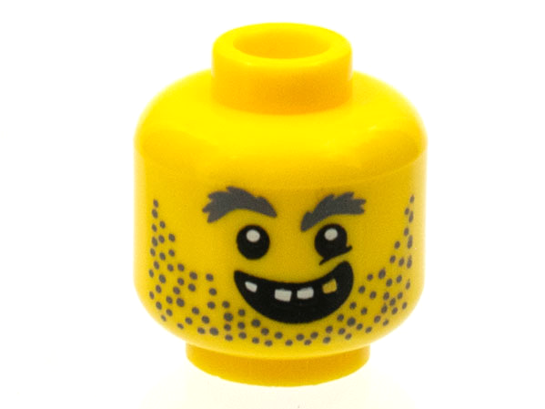 Minifigure, Head Beard Stubble, Gray Bushy Eyebrows, Open Grin, Gold Tooth Pattern