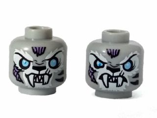 Minifigure, Head Dual Sided Alien Chima Tiger with Fangs, White Face Fur and Light Blue Eyes, Smile / Angry Pattern (Sykor)