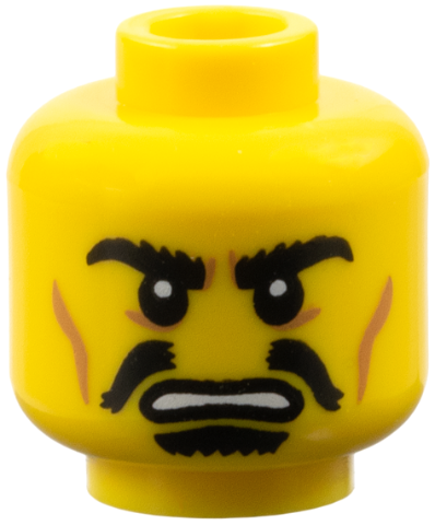 Minifigure, Head Moustache Black Split, Goatee, Bushy Eyebrows, Cheek Lines, Angry Pattern