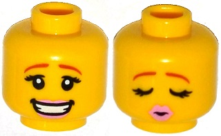 Minifigure, Head Dual Sided Female Dark Orange Eyebrows, Eyelashes, Bright Pink Lips, Smile / Eyes Closed, Kissing Pattern