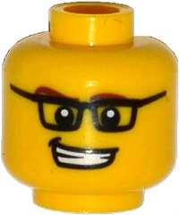 Minifigure, Head Reddish Brown Eyebrows, Black Rectangular Glasses, Lopsided Open Mouth Smile with Teeth Pattern
