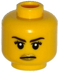 Minifigure, Head Female Dark Brown Eyebrows, Black Eyelashes, White Pupils, Gold Lips, Stern Pattern