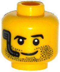 Minifigure, Head Black Angled Eyebrows, Left Raised, Dark Bluish Gray Beard Stubble and Earpiece Headset with Microphone, Lopsided Grin Pattern