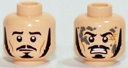 Minifigure, Head Dual Sided LotR Bard Long Black Sideburns, Moustache, Goatee, Frowning / Angry with Mud Splotches Pattern