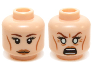 Minifigure, Head Dual Sided Female LotR Galadriel Eyelashes, Medium Nougat Lips, Neutral / Angry, White Eyes Pattern