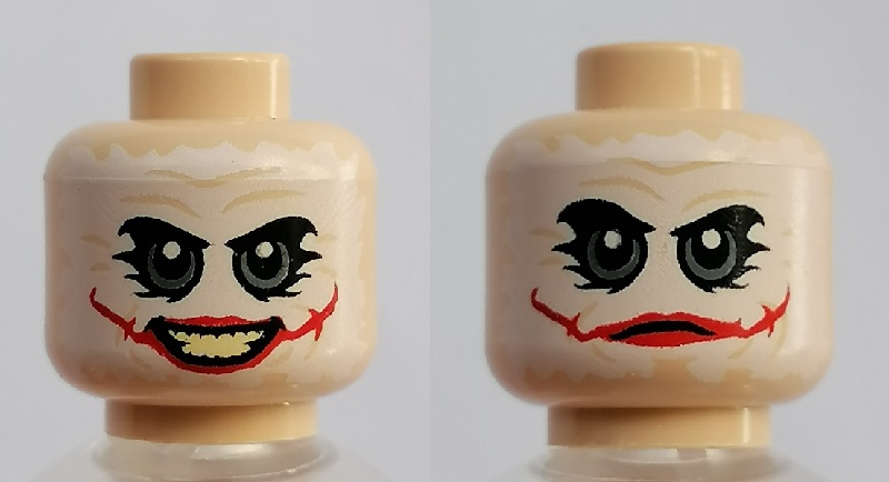 Minifigure, Head Dual Sided White Mask with Green Eyes, Red Scars, Open / Closed Mouth Pattern (The Joker)