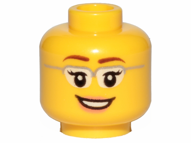Minifigure, Head Female Glasses with Silver Frames, Reddish Brown Eyebrows, Eyelashes, Nougat Lips, Open Mouth Smile with Teeth Pattern