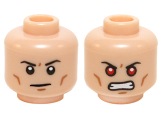 Minifigure, Head Dual Sided Black Thin Eyebrows, Medium Nougat Cheek Lines and Chin Dimple, Stern / Angry Bared Teeth and Red Eyes Pattern
