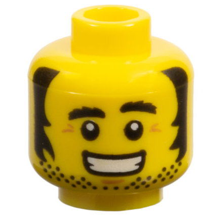 Minifigure, Head Black Bushy Eyebrows, Sideburns, Beard Stubble, Medium Nougat Wrinkles and Chin Dimple, Open Mouth Smile with Teeth Pattern