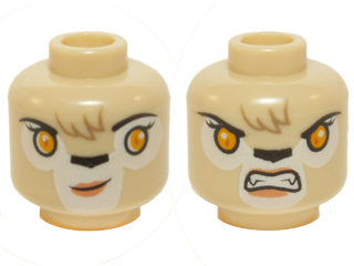 Minifigure, Head Dual Sided Alien Chima Lion Female with Orange Eyes, Black Nose, Forelock, Crooked Smile / Bared Teeth Pattern