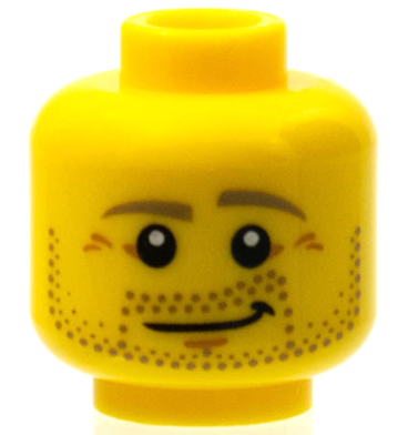 Minifigure, Head Beard Dark Tan Eyebrows and Beard Stubble, Dark Orange Chin Dimple and Wrinkles, Lopsided Grin with Dimple Pattern